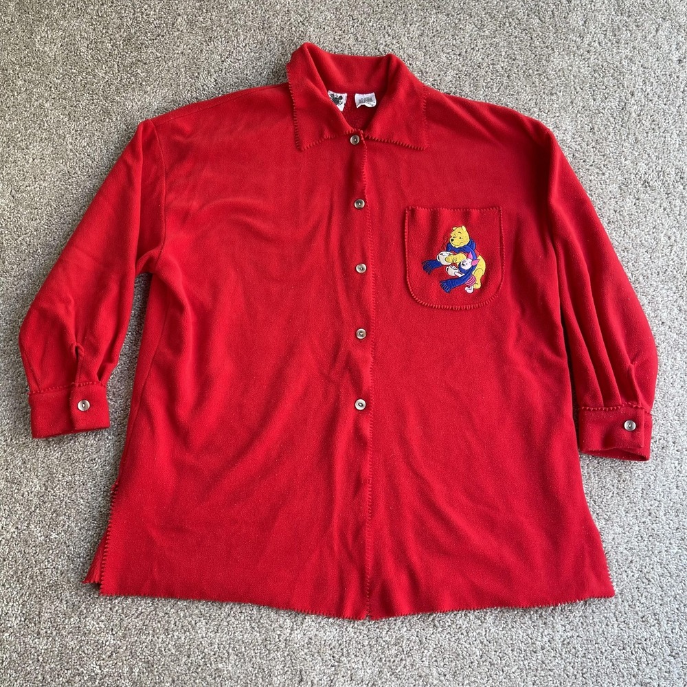 Vintage Disney Winnie The Pooh Tunic Womens XL Red Fleece Button Up Shirt Top - Picture 1 of 9
